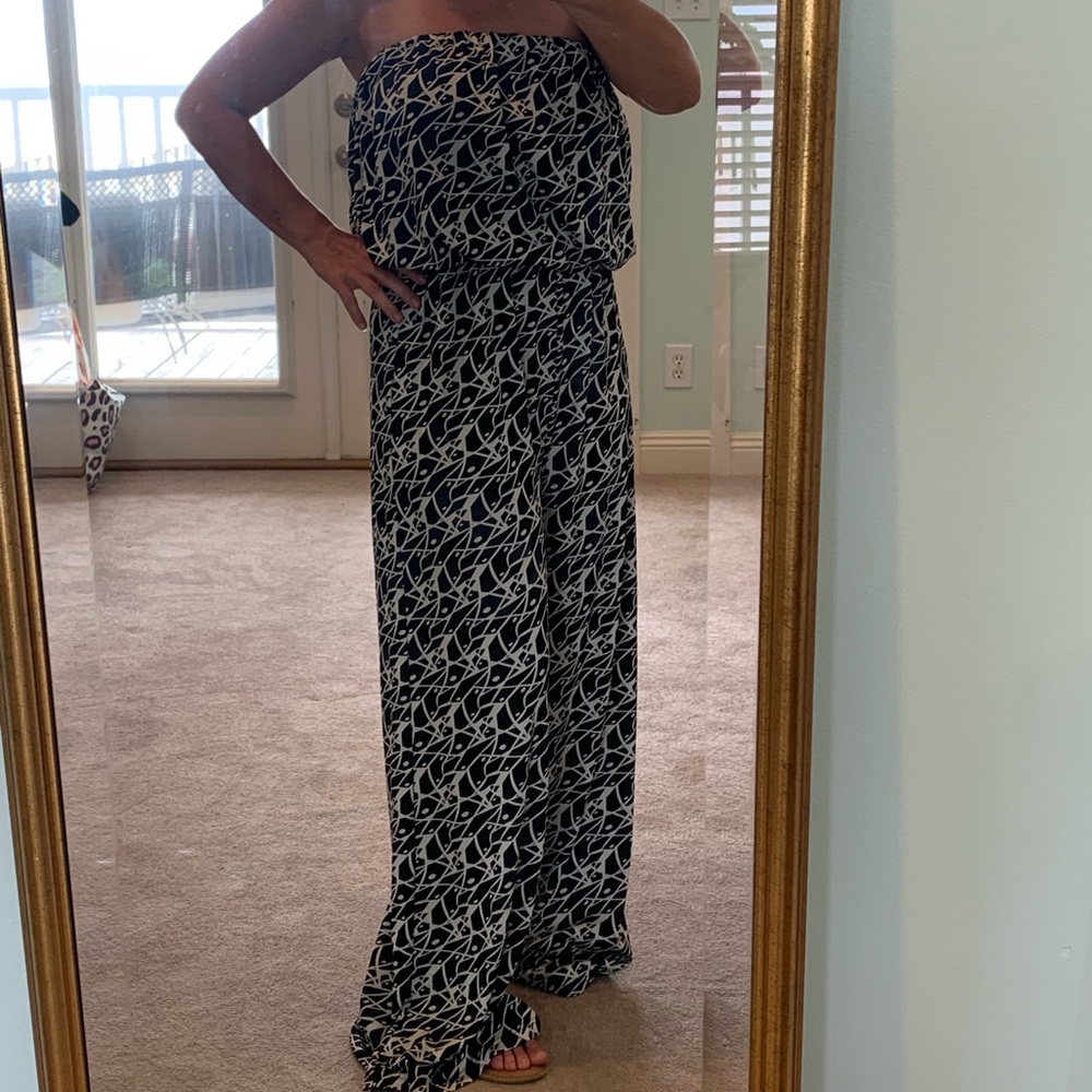 Magic Abstract Strapless Wide Leg Romper Large L